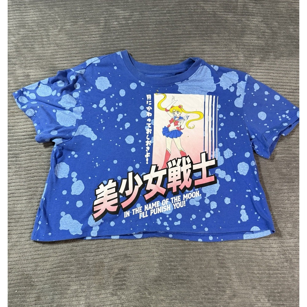 Sailor Moon Crop T-Shirt Blue Bleach Splatter Anime Graphic Womens Size L